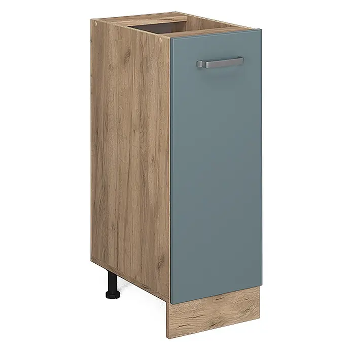 Vicco Schrankküche R-Line Blau-Grau ohne Arbeitsplatte - Blau-Grau, Apothekerunterschrank 30 cm - Küchenunterschrank mit Holzdekorrahmen und blaugrauer Tür, mit silbernem Griff.