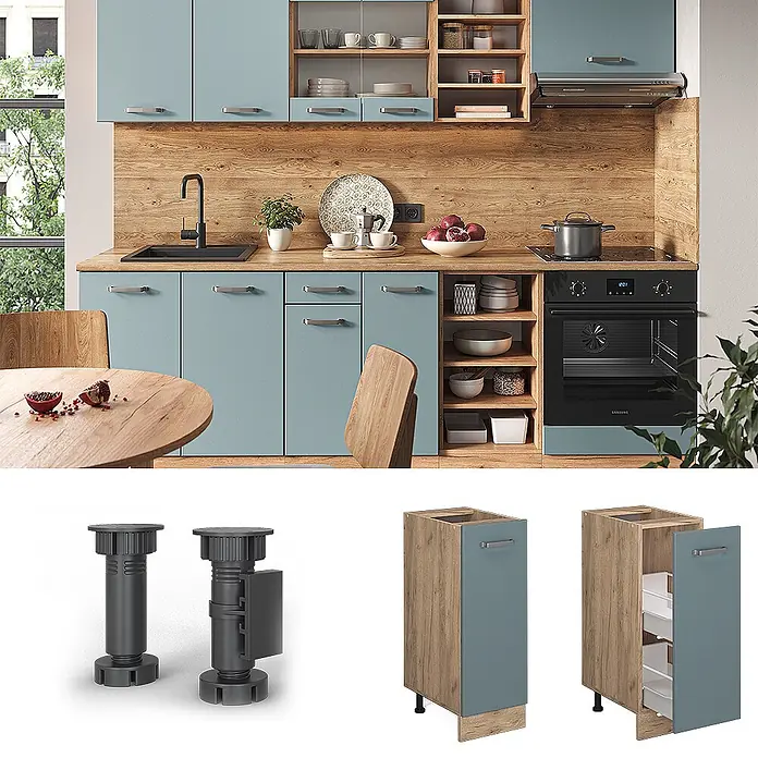 Vicco Schrankküche R-Line Blau-Grau ohne Arbeitsplatte - Blau-Grau, Apothekerunterschrank 30 cm - Moderne Küche mit blaugrauen Schränken, Holzarbeitsplatten und integrierten Geräten. Zusätzliche Bilder zeigen verstellbare Schrankfüße und einen schmalen Ausziehschrank.