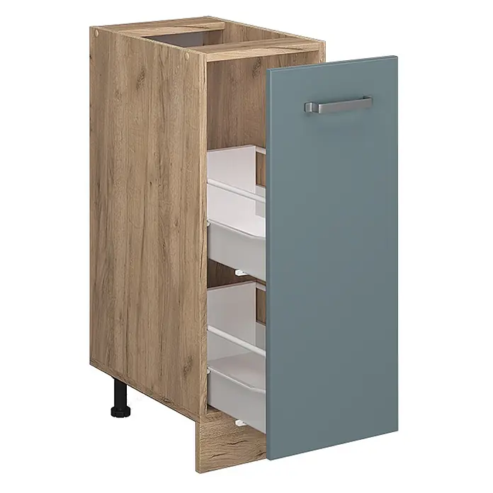 Vicco Schrankküche R-Line Blau-Grau ohne Arbeitsplatte - Blau-Grau, Apothekerunterschrank 30 cm - Küchenunterschrank mit Holzoptik-Korpus, blaugrauer Tür, drei Auszügen und verstellbarem Fuß.