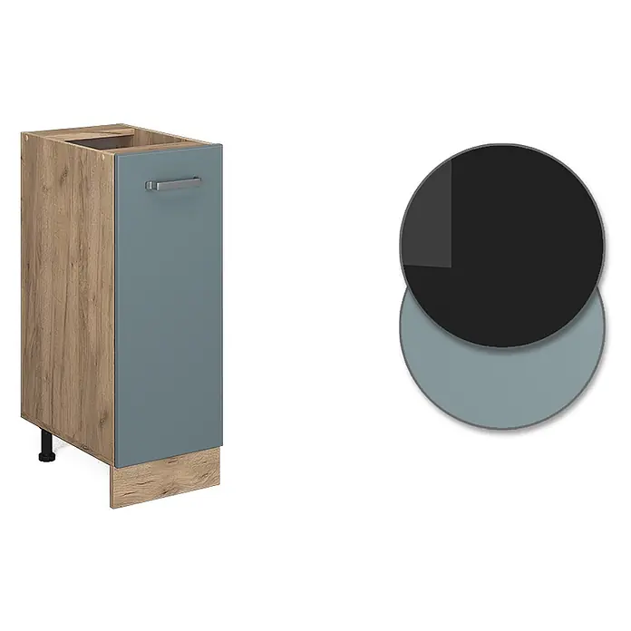 Vicco Schrankküche R-Line Blau-Grau ohne Arbeitsplatte - Blau-Grau, Apothekerunterschrank 30 cm - Zweifarbiger Unterschrank mit Holzoptik-Seiten und einer blaugrauen Tür mit Griff.