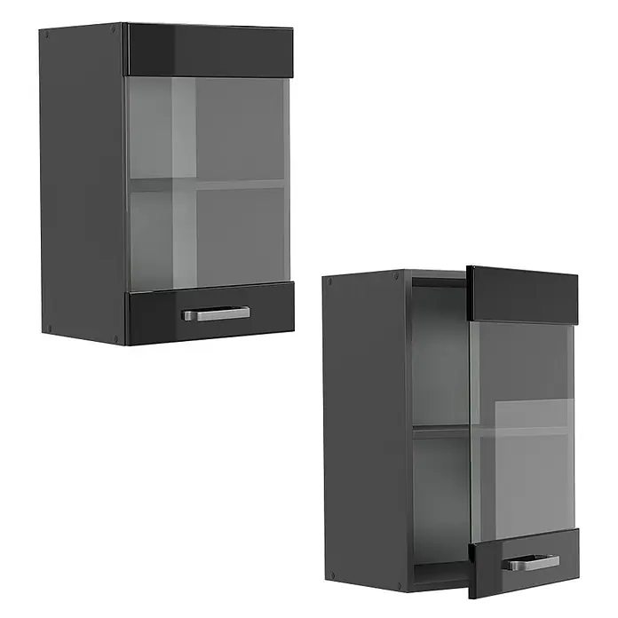 Vicco Schrankküche R-Line Schwarz Hochglanz - Schwarz Hochglanz, Hängeglasschrank 40 cm - Schwarzer Wandschrank mit Glastür und Schublade, geschlossen und offen dargestellt.