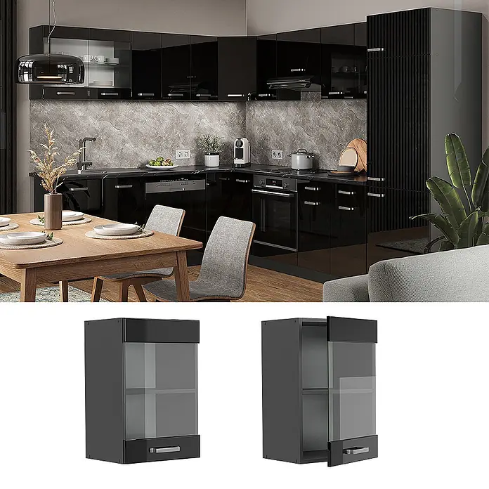 Vicco Schrankküche R-Line Schwarz Hochglanz - Schwarz Hochglanz, Hängeglasschrank 40 cm - Schwarzer glänzender Hängeschrank mit Glastür, silbernem Griff und zwei Einlegeböden.
