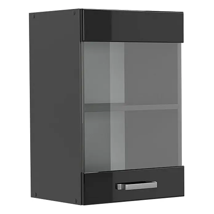 Vicco Schrankküche R-Line Schwarz Hochglanz - Schwarz Hochglanz, Hängeglasschrank 40 cm - Schwarzer Wandschrank mit glänzendem schwarzen Oberteil, transparenter Glastür mit Regal und Bodenschublade mit silbernem Griff.