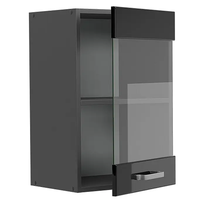 Vicco Schrankküche R-Line Schwarz Hochglanz - Schwarz Hochglanz, Hängeglasschrank 40 cm - Dunkelgrauer Wandschrank mit teiloffener Glasschiebetür und unterer Schublade. Modernes Design mit Innenregalen.