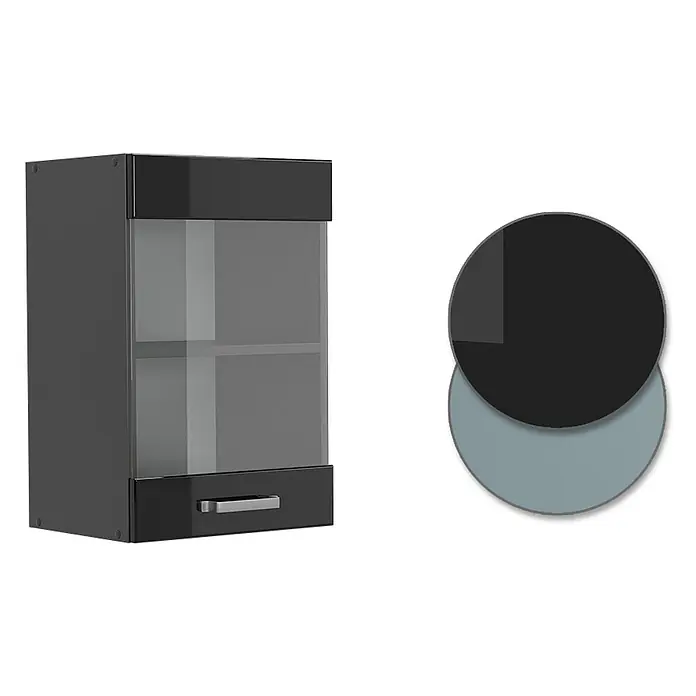 Vicco Schrankküche R-Line Schwarz Hochglanz - Schwarz Hochglanz, Hängeglasschrank 40 cm - Schwarzer Hängeschrank mit Glastür und Schublade, für Aufbewahrung und Präsentation.