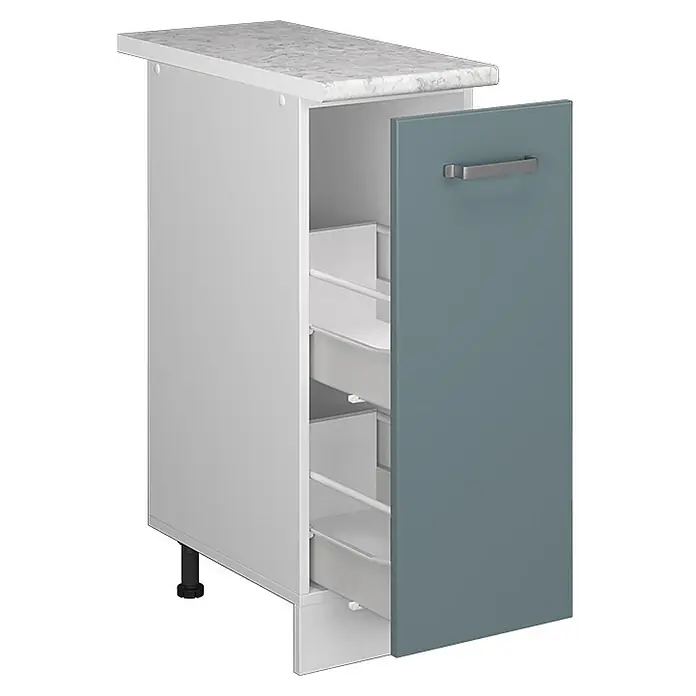 Vicco Schrankküche R-Line Blau-Grau, AP Marmor - Blau-Grau, Apothekerunterschrank 30 cm, AP Marmor - Schmaler Küchenunterschrank mit weißem Korpus, heller Arbeitsplatte und blaugrauer Tür mit drei Auszügen.