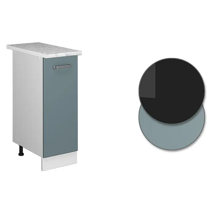 Vicco Schrankküche R-Line Blau-Grau, AP Marmor - Blau-Grau, Apothekerunterschrank 30 cm, AP Marmor - Küchenunterschrank mit petrolfarbener Tür, hellgrauer Seite, weißer Marmor-Arbeitsplatte, silbernem Griff, weißer Sockelblende und schwarzen Füßen.