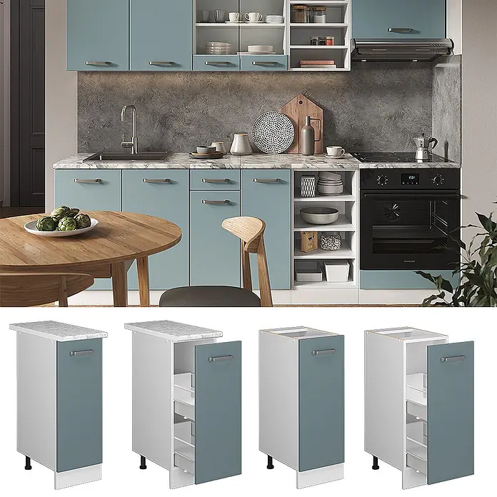 Vicco Schrankküche R-Line Blau-Grau, AP Eiche - Blau-Grau, Apothekerunterschrank 30 cm, AP Eiche - Modulare Küchenunterschränke mit blaugrauen Fronten, Marmorplatten und schmalen Auszugsschränken.