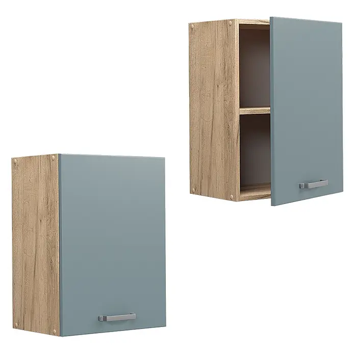 Vicco Schrankküche R-Line Blau-Grau - Blau-Grau, Hängeschrank 45 cm - Zwei Hängeschränke: einer geschlossen, einer offen mit Regalböden. Hellbraunes Holzdekor, blau-graue Tür, silberne Griffe.