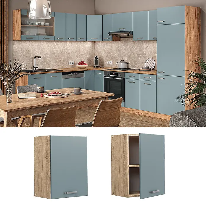 Vicco Schrankküche R-Line Blau-Grau - Blau-Grau, Hängeschrank 45 cm - Moderner Küchenschrank mit blaugrauer Tür und Eichenholzoptik-Seiten, in einer Küche dargestellt.