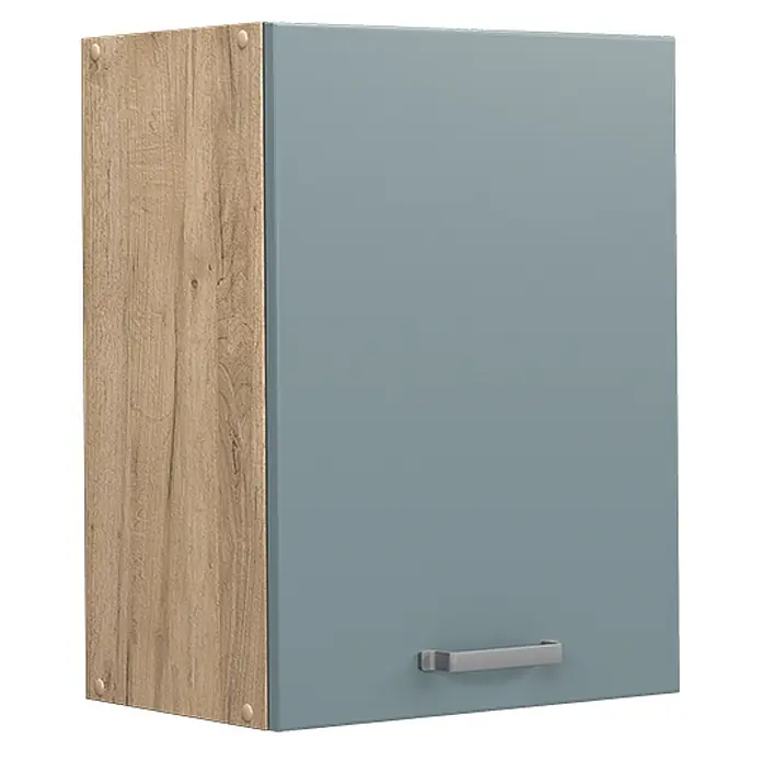 Vicco Schrankküche R-Line Blau-Grau - Blau-Grau, Hängeschrank 45 cm - Wandschrank mit heller Holzoptik-Seitenwand und blaugrauer Tür mit silbernem Griff.