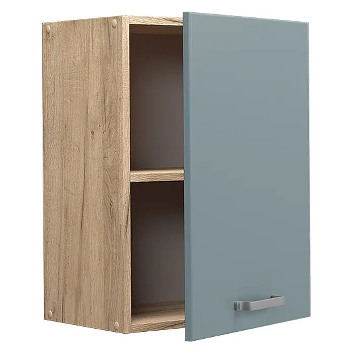 Vicco Schrankküche R-Line Blau-Grau - Blau-Grau, Hängeschrank 45 cm - Hängeschrank mit Holzdekorrahmen und blaugrauer Tür. Verfügt über zwei Innenböden und einen grauen Griff.