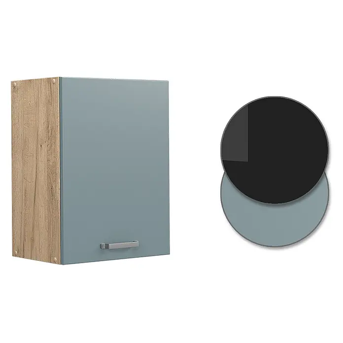 Vicco Schrankküche R-Line Blau-Grau - Blau-Grau, Hängeschrank 45 cm - Wandschrank mit heller Holzoptik-Seitenwand und hellblau-grauer Tür mit silbernem Griff.