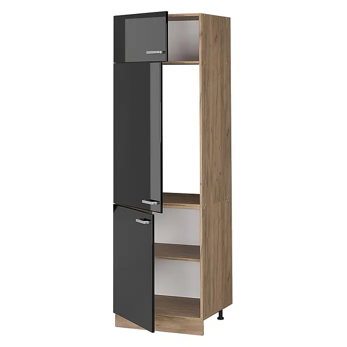 Vicco Kühlumbauschrank R-Line, Schwarz Hochglanz, 60 cm -  - Hoher Küchenschrank mit Holzoptik-Korpus und glänzenden dunkelgrauen Türen, offen für Fächer und Gerätenische.