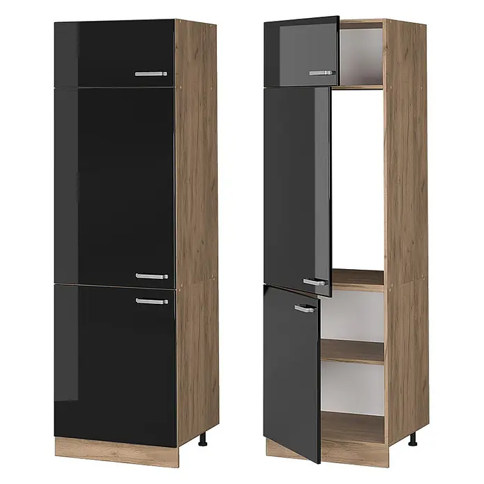 Vicco Kühlumbauschrank R-Line, Schwarz Hochglanz, 60 cm -  - Hoher Küchenschrank mit glänzend schwarzen Türen und Holzmaserung. Geschlossen und mit offenen Türen, die Regale zeigen.