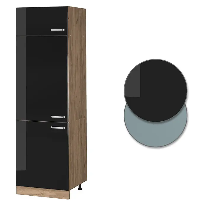 Vicco Kühlumbauschrank R-Line, Schwarz Hochglanz, 60 cm -  - Hoher Küchenschrank mit glänzenden schwarzen Türen und Holzoptikrahmen, präsentiert mit schwarzen und blau-grauen Farboptionen.