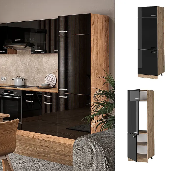 Vicco Kühlumbauschrank R-Line, Schwarz Hochglanz, 60 cm -  - Moderne Küche in Schwarz Hochglanz und Holzoptik. Hoher schwarzer und hölzerner Küchenschrank mit Gerätefach und Regalen.