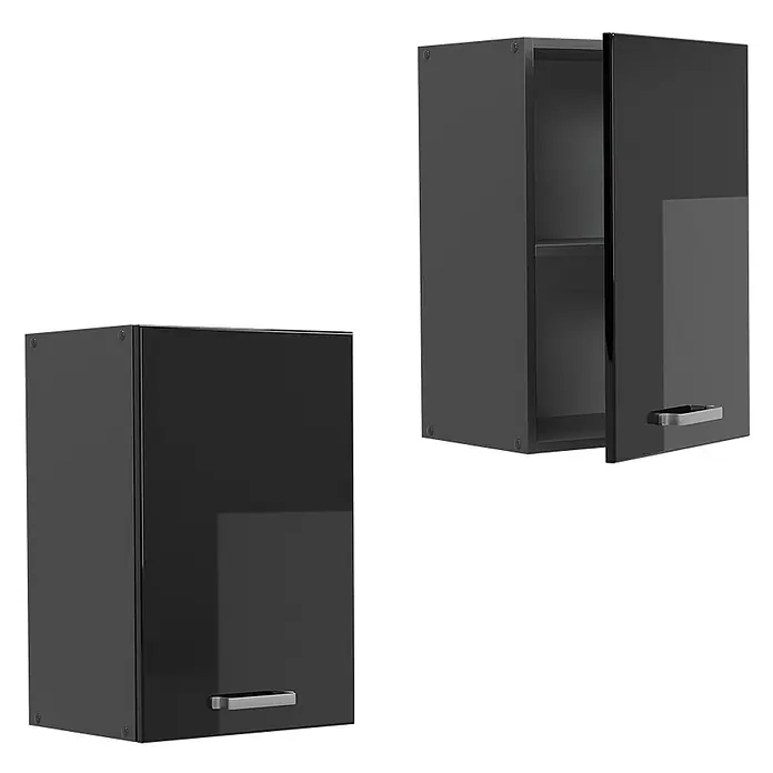 Vicco Hängeschrank R-Line, Schwarz Hochglanz, 40 cm -  - Zwei dunkelgraue Hochglanz-Wandschränke, einer geschlossen, einer offen mit einem Einlegeboden.