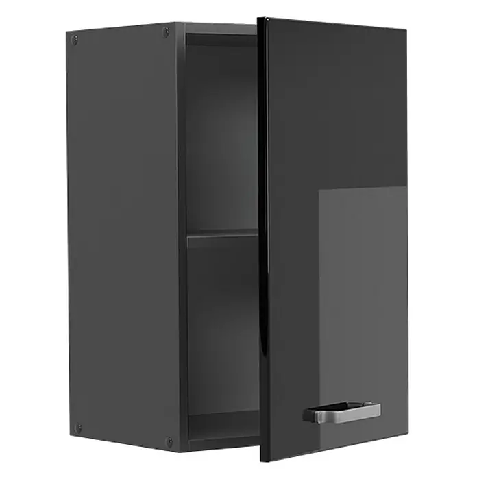 Vicco Hängeschrank R-Line, Schwarz Hochglanz, 40 cm -  - Dunkelgrauer Hängeschrank mit glänzender, leicht geöffneter Tür, zeigt Innenregal und silbernen Griff.