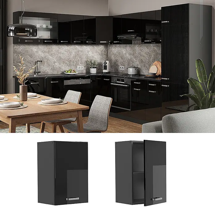 Vicco Hängeschrank R-Line, Schwarz Hochglanz, 40 cm -  - Moderne Küche mit eleganten schwarzen Hochglanzschränken, ergänzt durch Detailansichten eines einzelnen Schranks.