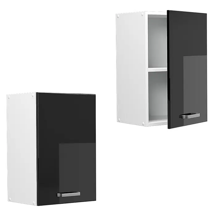 Vicco Hängeschrank R-Line, Schwarz Hochglanz, 40 cm -  - Zwei weiße Küchenwandschränke mit schwarzen Hochglanztüren und silbernen Griffen. Einer ist offen, zeigt zwei Regalböden.