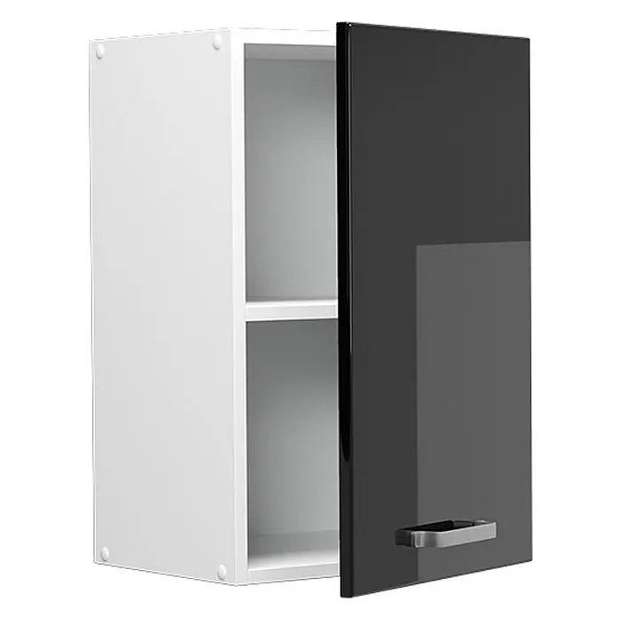 Vicco Hängeschrank R-Line, Schwarz Hochglanz, 40 cm -  - Weißer Wandschrank mit glänzender schwarzer Tür, leicht geöffnet, mit Regalböden und silbernem Griff.