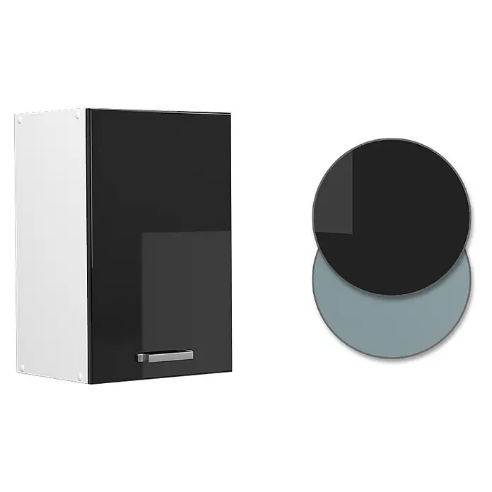 Vicco Hängeschrank R-Line, Schwarz Hochglanz, 40 cm -  - Schwarzer glänzender Wandschrank mit weißen Seiten und silbernem Griff, dazu dunkelgraue und hellgrau-blaue Farbmuster.