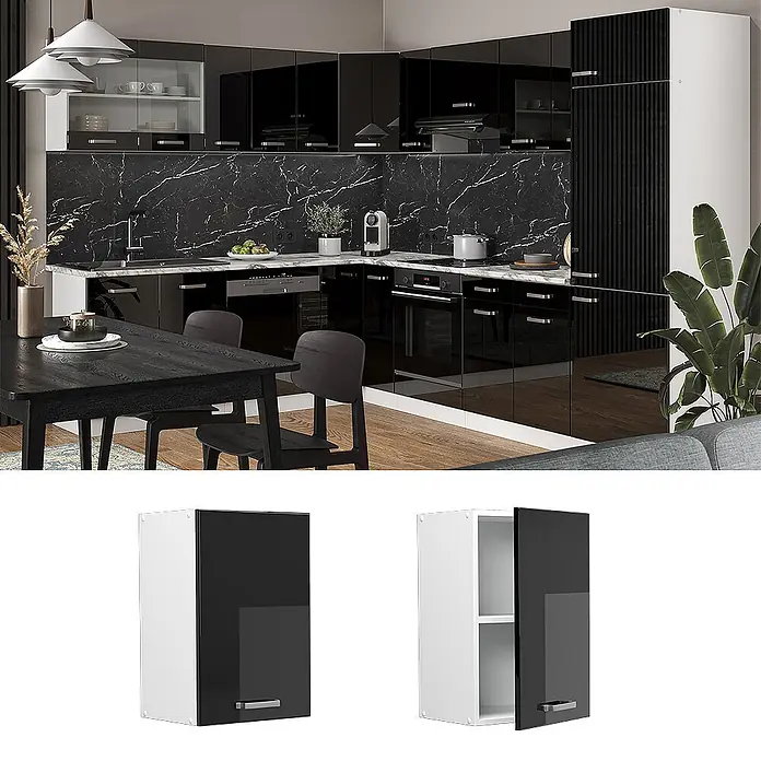 Vicco Hängeschrank R-Line, Schwarz Hochglanz, 40 cm -  - Moderne, glänzende schwarze Küchenzeile mit schwarzer Marmor-Rückwand, integrierten Geräten und Essbereich.