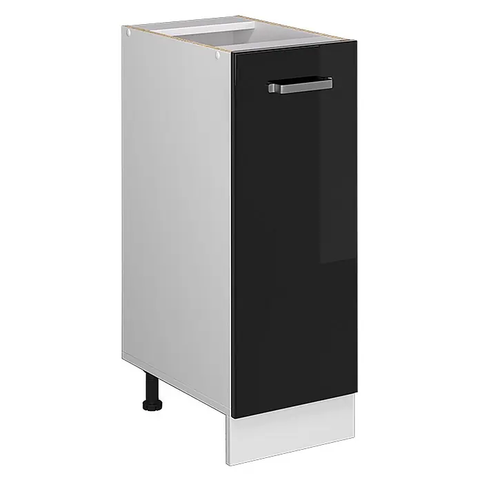 Vicco Schrankküche R-Line Schwarz Hochglanz ohne Arbeitsplatte - Schwarz Hochglanz, Apothekerunterschrank 30 cm - Weißer Küchenunterschrank mit glänzender schwarzer Tür, silbernem Griff und verstellbarem Fuß.