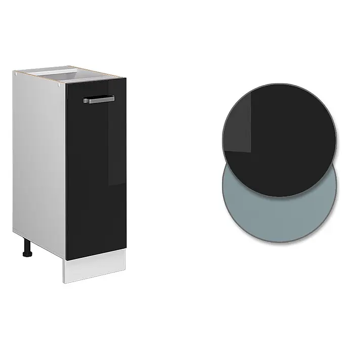 Vicco Schrankküche R-Line Schwarz Hochglanz, AP Anthrazit - Schwarz Hochglanz, Apothekerunterschrank 30 cm, AP Anthrazit - Hoher schwarzer Glanzschrank mit silbernem Griff, hellgrauen Seiten und Farbmustern in Dunkelgrau und Hellblau.