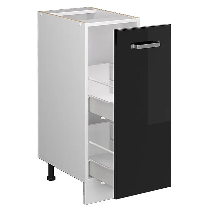 Vicco Schrankküche R-Line Schwarz Hochglanz, AP Anthrazit - Schwarz Hochglanz, Apothekerunterschrank 30 cm, AP Anthrazit - Weißer Küchenunterschrank mit glänzender schwarzer Tür und ausziehbaren Aufbewahrungsschubladen.