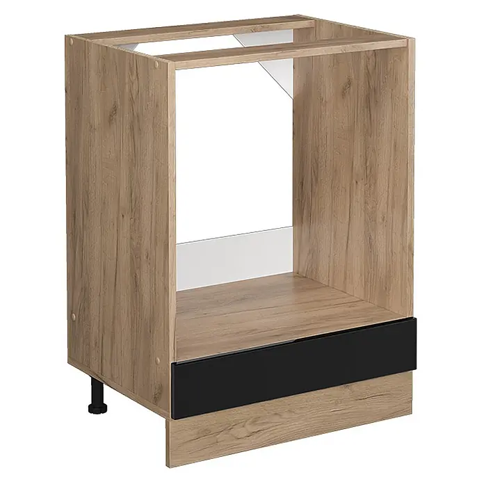 Vicco Herdumbauschrank R-Line, Schwarz Hochglanz, 60 cm -  - Unterschrankrahmen in heller Holzoptik für Einbauherd, mit schwarzer Sockelschublade und verstellbaren Füßen.