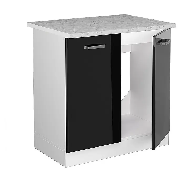 Vicco Schrankküche R-Line Schwarz Hochglanz, AP Marmor - Schwarz Hochglanz, Spülenunterschrank 80 cm - Weißer Küchenunterschrank mit schwarzen Hochglanztüren und gesprenkelter Arbeitsplatte. Eine Tür offen, zeigt Spülbeckenausschnitt.