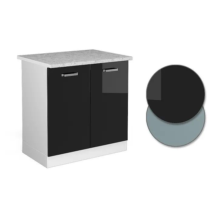 Vicco Schrankküche R-Line Schwarz Hochglanz, AP Marmor - Schwarz Hochglanz, Spülenunterschrank 80 cm - Weißer Küchenunterschrank mit schwarzen Hochglanztüren, weißer Marmorplatte, silbernen Griffen und Farbmustern.