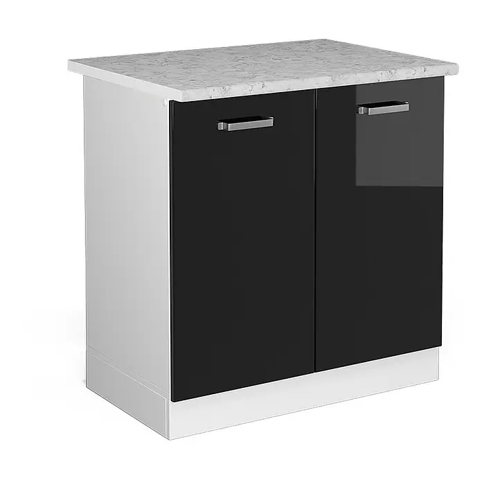 Vicco Schrankküche R-Line Schwarz Hochglanz, AP Marmor - Schwarz Hochglanz, Spülenunterschrank 80 cm - Weißer Unterschrank mit zwei glänzend schwarzen Türen, silbernen Griffen und Arbeitsplatte in Marmoroptik.