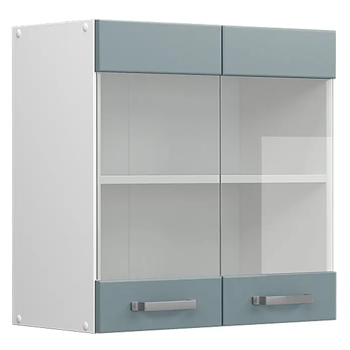 Vicco Schrankküche R-Line Blau-Grau - Blau-Grau, Hängeglasschrank 60 cm - Weiß-blaugrauer Hängeschrank mit zwei Glastüren, zwei Schubladen und silbernen Griffen.