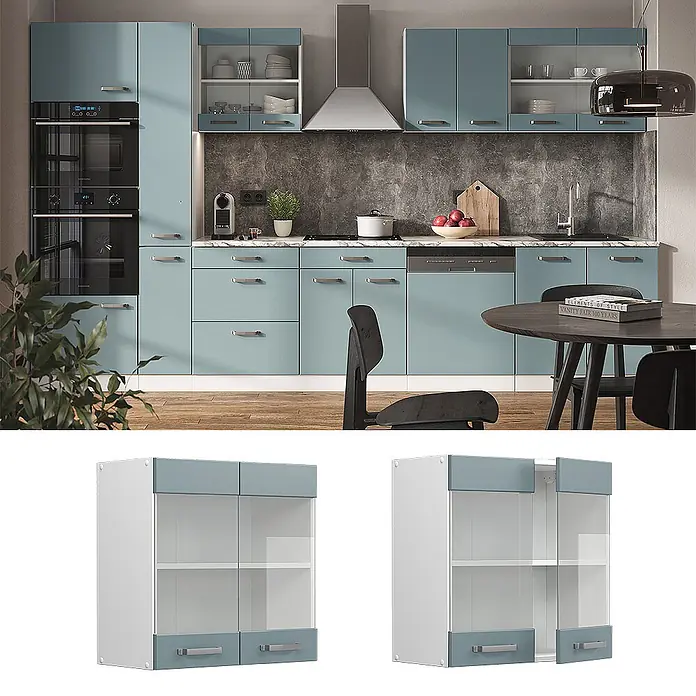 Vicco Schrankküche R-Line Blau-Grau - Blau-Grau, Hängeglasschrank 60 cm - Blaugrauer Küchen-Hängeschrank mit Glastüren und unteren Schubladen, in einer modernen Küche dargestellt.