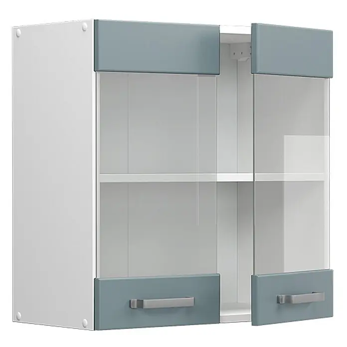Vicco Schrankküche R-Line Blau-Grau - Blau-Grau, Hängeglasschrank 60 cm - Weißer Wandschrank mit blau-grauen Paneelen, Glastüren und silbernen Griffen, eine Tür leicht geöffnet.
