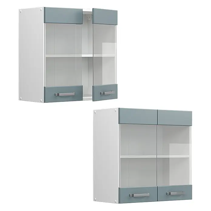 Vicco Schrankküche R-Line Blau-Grau - Blau-Grau, Hängeglasschrank 60 cm - Paar weiße Hängeschränke mit blaugrauen Paneelen, Klarglastüren und silbernen Griffen.