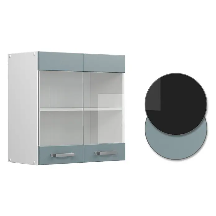 Vicco Schrankküche R-Line Blau-Grau - Blau-Grau, Hängeglasschrank 60 cm - Hängeschrank in Hellblau-Grau und Weiß mit Glastüren, silbernen Griffen und passender Farbmusterung.
