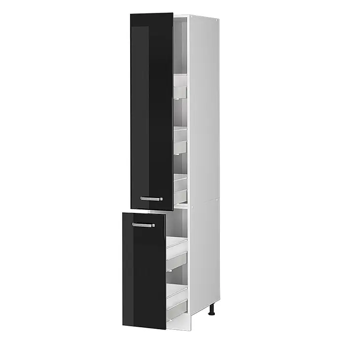 Vicco Apothekerschrank R-Line, Schwarz Hochglanz, 30 cm -  - Hoher Küchenschrank mit glänzenden schwarzen Türen und silbernen Griffen, der weiße Auszugsfächer zeigt.