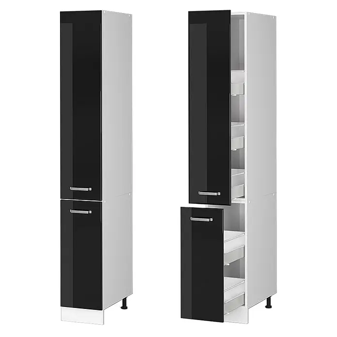 Vicco Apothekerschrank R-Line, Schwarz Hochglanz, 30 cm -  - Zwei hohe, schmale Küchenschränke mit schwarzen Hochglanztüren und Chromgriffen. Einer geschlossen, der andere offen mit weißen Auszügen.
