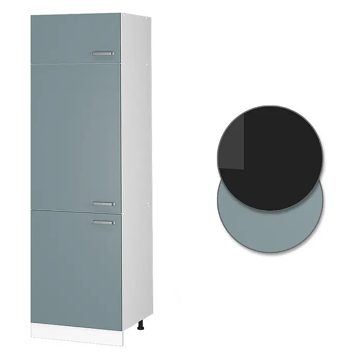 Vicco Schrankküche R-Line Blau-Grau - Blau-Grau, Kühlumbauschrank 60 cm - Hoher blau-grauer und weißer Schrank mit mehreren Türen und silbernen Griffen.