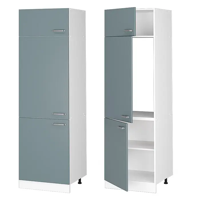 Vicco Schrankküche R-Line Blau-Grau - Blau-Grau, Kühlumbauschrank 60 cm - Hoher blau-grauer und weißer Schrank mit silbernen Griffen, geschlossen und offen mit Regalen dargestellt.