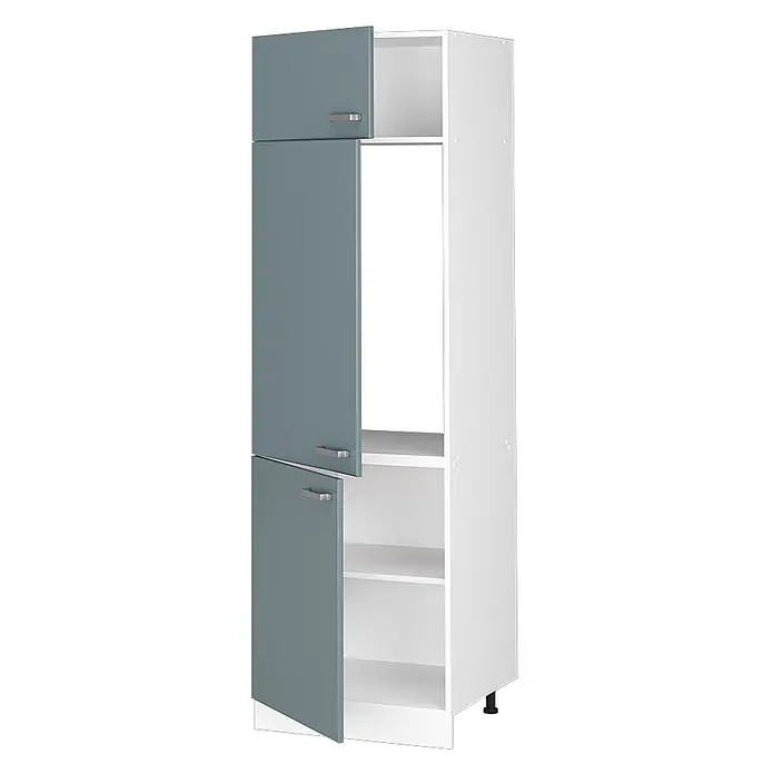 Vicco Schrankküche R-Line Blau-Grau - Blau-Grau, Kühlumbauschrank 60 cm - Hoher weißer Schrank mit drei halb geöffneten blau-grauen Türen und silbernen Griffen, zeigt Innenregale und ein offenes Fach.