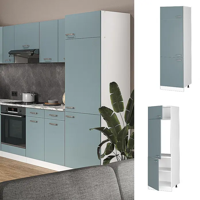 Vicco Schrankküche R-Line Blau-Grau - Blau-Grau, Kühlumbauschrank 60 cm - Moderne Küche mit hellblau-grauen Schränken und einem Hochschrank für integrierten Stauraum.