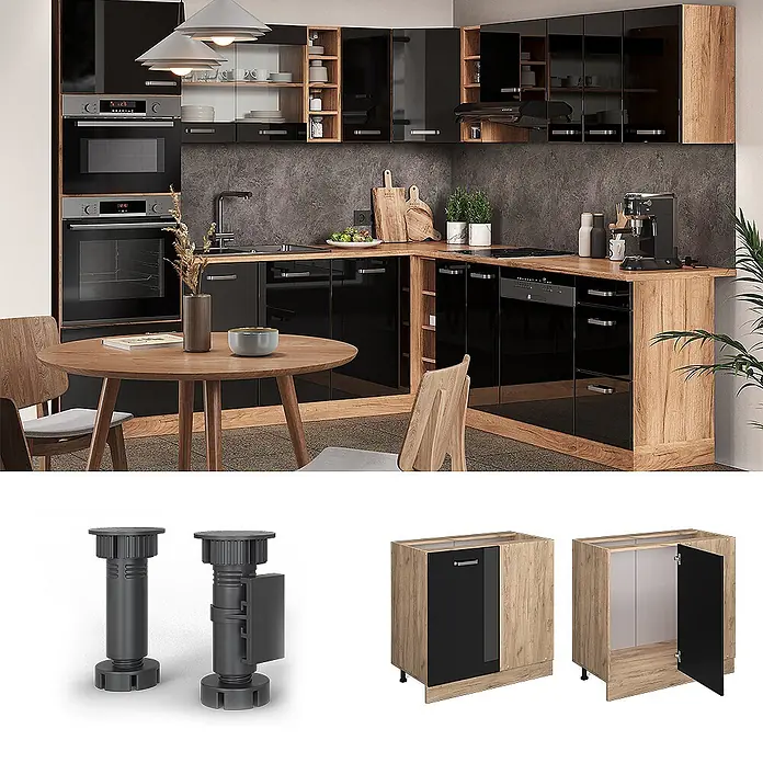 Vicco Eckunterschrank R-Line, Schwarz Hochglanz, 86 cm -  - Moderne L-förmige Küche mit hochglänzenden schwarzen Schränken, hellen Eichenelementen, integrierten Geräten und einem kleinen Esstisch.
