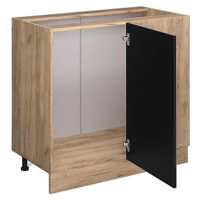 Vicco Eckunterschrank R-Line, Schwarz Hochglanz, 86 cm -  - Küchenunterschrank in Eichenoptik mit offener schwarzer Tür, hellgrauem Innenraum und einem Bein.
