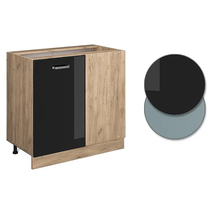 Vicco Eckunterschrank R-Line, Schwarz Hochglanz, 86 cm -  - Küchenunterschrank aus heller Holzmaserung mit schwarzer Tür, Griff und Füßen. Farbpalette zeigt Schwarz und Hellblau.