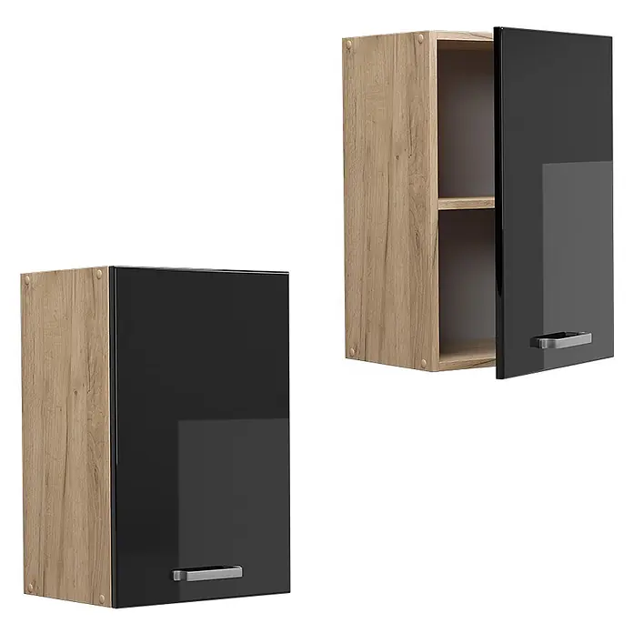 Vicco Hängeschrank R-Line, Schwarz Hochglanz, 40 cm -  - Zwei Wandhängeschränke in Holzoptik mit schwarzen Hochglanztüren; einer ist offen mit Regal, der andere geschlossen.